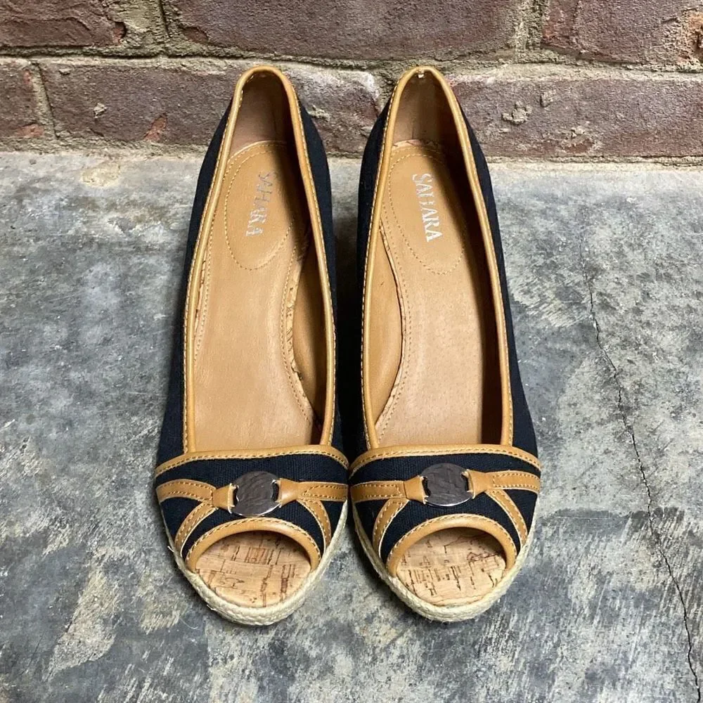 Sahara Ellison Black & Tan Espadrille Open Toe Wedge Size 9